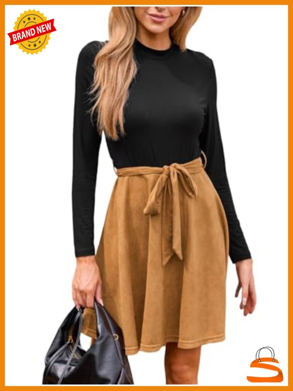 Women's Long Sleeve Mock Neck Mini Dress with Belted Waist Flowy